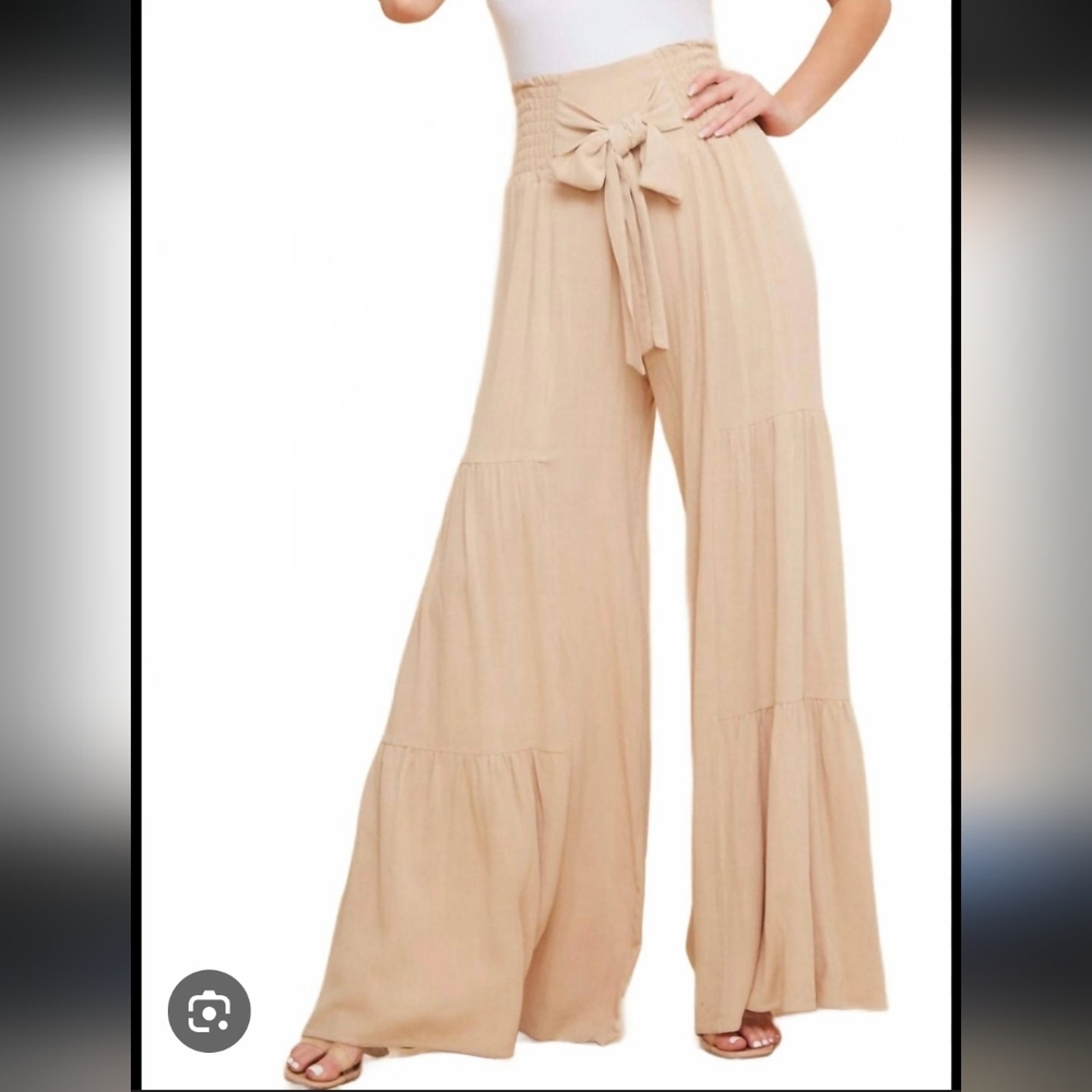 Wisteria Lane High-Waist Tie Front Wide Leg Pants - Beige